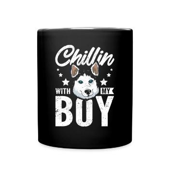 Chillin avec mon garçon, husky sibérien - Mug uni - noir - Devant