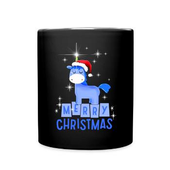 Blaues Einhorn mit Merry Christmas - Tasse einfarbig - Schwarz - Vorne