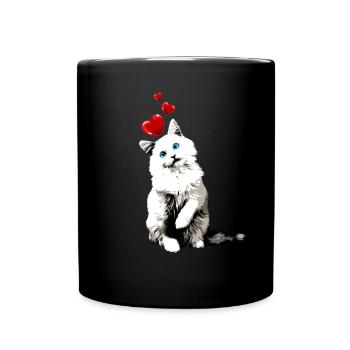 White Cat Blue Eyes Heart Vintage Longhair - Full Colour Mug - black - Front