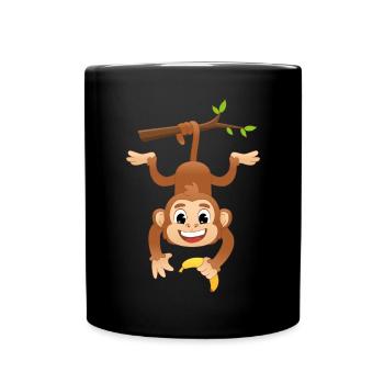 Affe am Ast mit Banane / Lustiger Affe / Tiere - Tasse einfarbig - Schwarz - Vorne