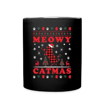 Meowy Catmas Ugly Red Plaid Christmas Cat - Full Colour Mug - black - Front