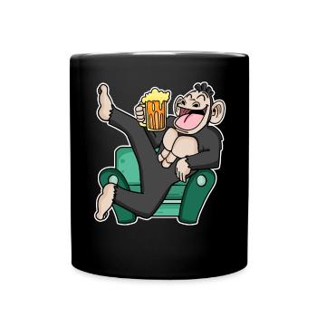 Lustiger Affe trinkt Bier - Tasse einfarbig - Schwarz - Vorne