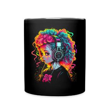 Cute Girl With Headphones - Full Colour Mug - black - Front