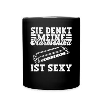 Sie Denkt Meine Harmonika Ist Sexy - Mundharmonika - Tasse einfarbig - Schwarz - Vorne
