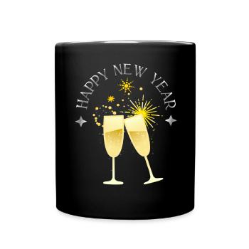 Happy New Year with glass and fireworks - Full Colour Mug - black - Front