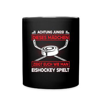 Eishockey Achtung Jungs - Tasse einfarbig - Schwarz - Vorne