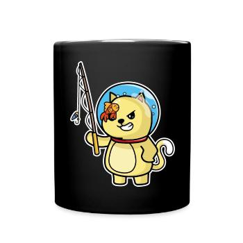 Cute Cat Cat Fisherman and Fish Humor Peach - Full Colour Mug - black - Front