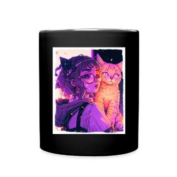 Anime Girl Katze Kätzchen Manga Ink Blume Neon - Tasse einfarbig - Schwarz - Vorne