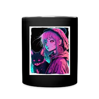 Anime Girl Katze Kätzchen Manga Ink Blume Neon - Tasse einfarbig - Schwarz - Vorne