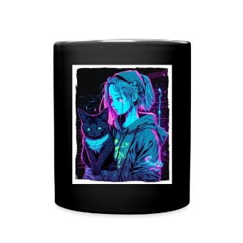 Anime Girl Katze Kätzchen Manga Ink Blume Neon - Tasse einfarbig - Schwarz - Vorne