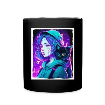 Anime Girl Katze Kätzchen Manga Ink Blume Neon - Tasse einfarbig - Schwarz - Vorne