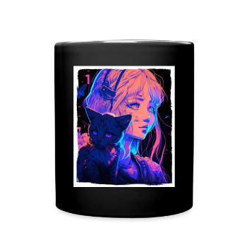 Anime Girl Katze Kätzchen Manga Ink Blume Neon - Tasse einfarbig - Schwarz - Vorne
