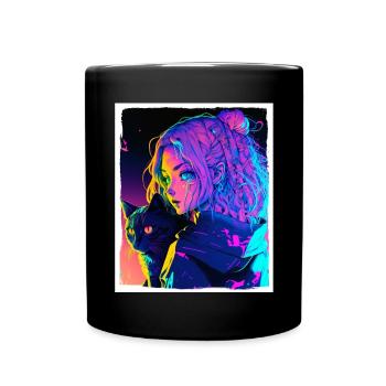Anime Girl Katze Kätzchen Manga Ink Blume Neon - Tasse einfarbig - Schwarz - Vorne