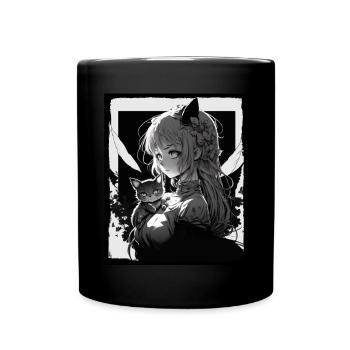 Anime Girl Katze Kätzchen Manga Ink Blume Neon - Tasse einfarbig - Schwarz - Vorne