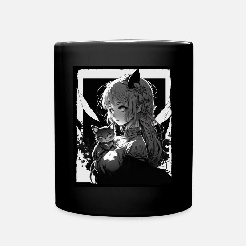 Anime Girl Katze Kätzchen Manga Ink Blume Neon - Tasse einfarbig - Schwarz