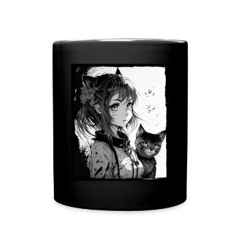 Anime Girl Katze Kätzchen Manga Ink Blume Neon - Tasse einfarbig - Schwarz - Vorne