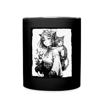 Anime Girl Katze Kätzchen Manga Ink Blume Neon - Tasse einfarbig - Schwarz - Vorne