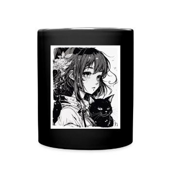 Anime Girl Katze Kätzchen Manga Ink Blume Neon - Tasse einfarbig - Schwarz - Vorne