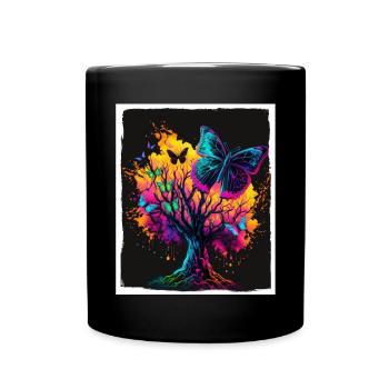 Tree Butterflies Abstract Nature Forest Grunge - Full Colour Mug - black - Front