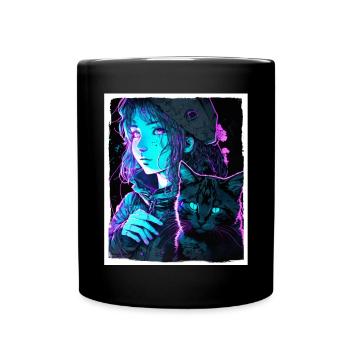 Anime Girl Katze Kätzchen Manga Ink Blume Neon - Tasse einfarbig - Schwarz - Vorne