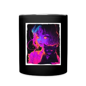 Anime Girl Katze Kätzchen Manga Ink Blume Neon - Tasse einfarbig - Schwarz - Vorne