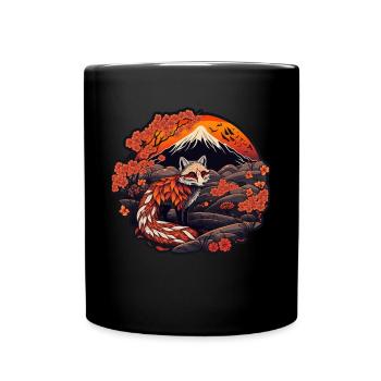 Fuchs Japan Kirschblüte Blume Japanisch Retro - Tasse einfarbig - Schwarz - Vorne