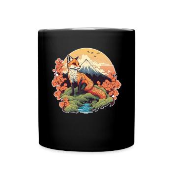 Fuchs Japan Kirschblüte Blume Japanisch Retro - Tasse einfarbig - Schwarz - Vorne