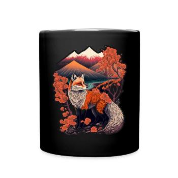 Fuchs Japan Kirschblüte Blume Japanisch Retro - Tasse einfarbig - Schwarz - Vorne