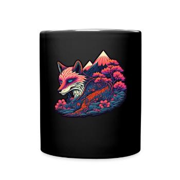 Fuchs Japan Kirschblüte Blume Japanisch Retro - Tasse einfarbig - Schwarz - Vorne