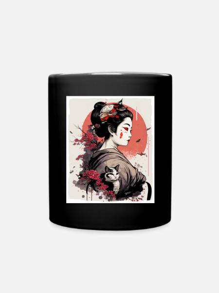 Japan Kirschblüte Katze Japanisch Geisha Abstrakt - Tasse einfarbig - Schwarz