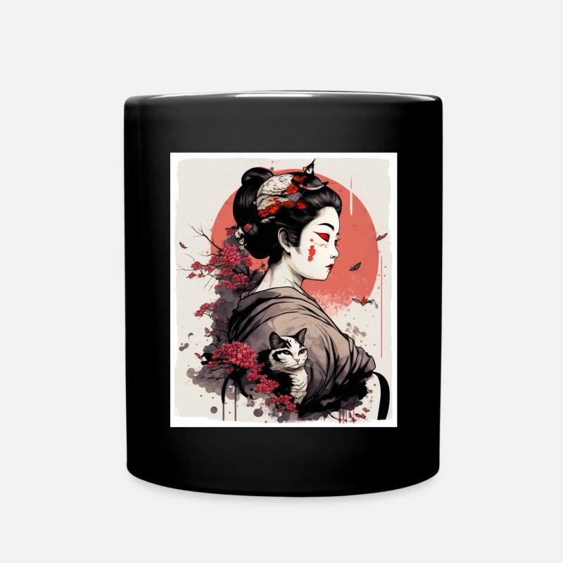 Japan Kirschblüte Katze Japanisch Geisha Abstrakt - Tasse einfarbig - Schwarz