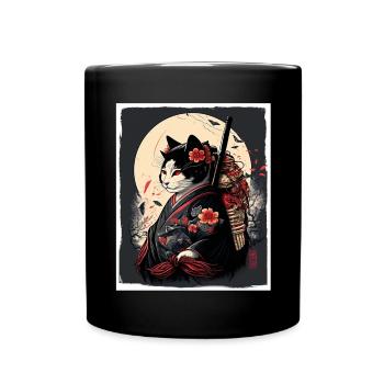 Japan Cherry Blossom Cat Japanese Geisha Abstract - Full Colour Mug - black - Front