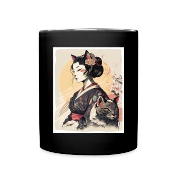 Japan Cherry Blossom Cat Japanese Geisha Abstract - Full Colour Mug - black - Front