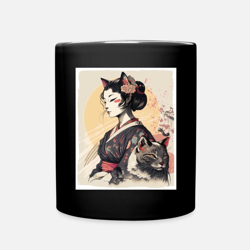 Japan Kirschblüte Katze Japanisch Geisha Abstrakt - Tasse einfarbig - Schwarz
