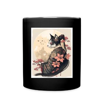 Japan Cherry Blossom Cat Japanese Geisha Abstract - Full Colour Mug - black - Front
