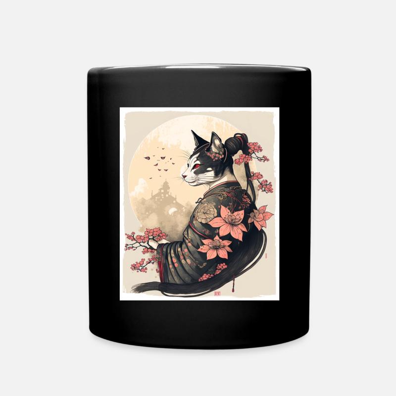 Japan Kirschblüte Katze Japanisch Geisha Abstrakt - Tasse einfarbig - Schwarz