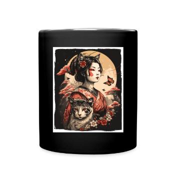 Japan Cherry Blossom Cat Japanese Geisha Abstract - Full Colour Mug - black - Front