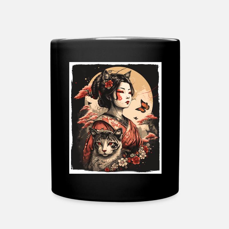 Japan Kirschblüte Katze Japanisch Geisha Abstrakt - Tasse einfarbig - Schwarz