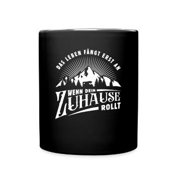 Das Leben fängt an - Wohnmobil - Camping - Spruch - Tasse einfarbig - Schwarz - Vorne