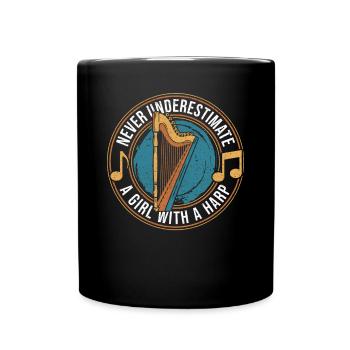 Never Underestimate a Girl with a Harp Harfe - Full Colour Mug - black - Front