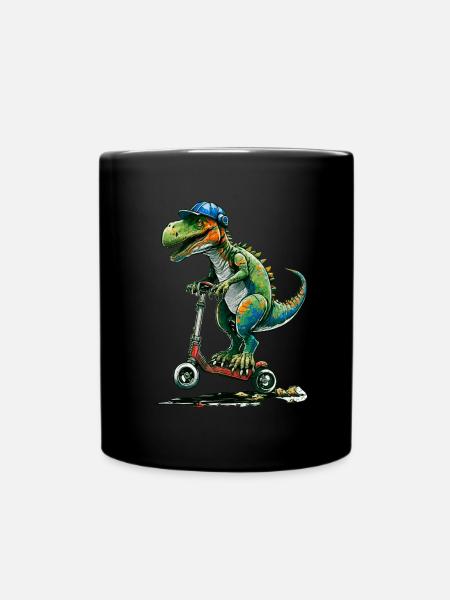 Dinosaurier auf Stuntscooter - Tasse einfarbig - Schwarz