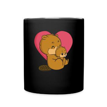 Biber Biberbaby umarmt - Lustiger Biber - Tasse einfarbig - Schwarz - Vorne