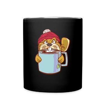 Beaver Teacup and Bobble Hat - Funny Beaver - Full Colour Mug - black - Front