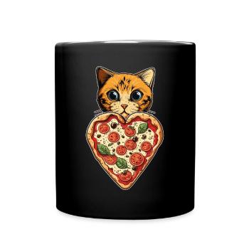 Damen Pizza und Katzen Katze Tierliebe Kätzchen - Tasse einfarbig - Schwarz - Vorne