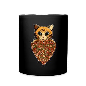 Damen Pizza und Katzen Katze Tierliebe Kätzchen - Tasse einfarbig - Schwarz - Vorne