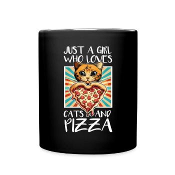 Damen Pizza und Katzen Katze Tierliebe Kätzchen - Tasse einfarbig - Schwarz - Vorne