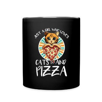 Damen Pizza und Katzen Katze Tierliebe Kätzchen - Tasse einfarbig - Schwarz - Vorne