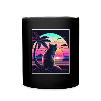 Vaporwave Retro Cat Cat Animal Motif Plage Neon - Mug uni - noir - Devant