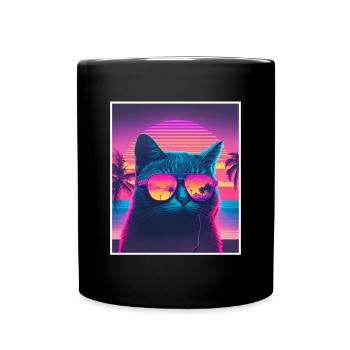 Vaporwave Retro Cat Cat Animal Motif Plage Neon - Mug uni - noir - Devant