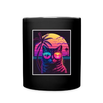 Vaporwave Retro Cat Cat Animal Motif Plage Neon - Mug uni - noir - Devant
